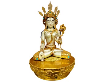 Master Quality Buddhist Statue of WHITE TARA, Handpainted with Thangka Colours, Partly 24K Gold Plated & Stone Setting, Museum Style.