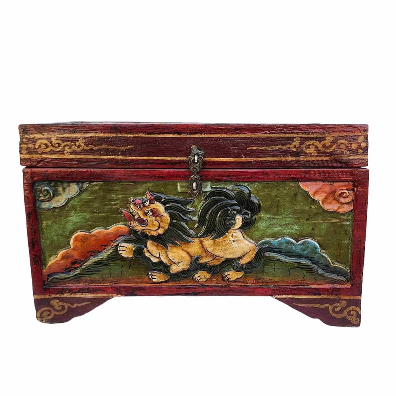 BIG SIZE Traditional Tibetan Wooden Box, Handpainted with Tibetan Symbols & Himalayan Thangka Colours, Many Design,Handmade in Nepal Snow Lions Design