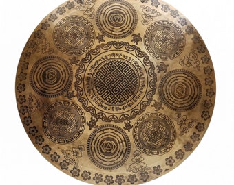 54 cm Diameter, Tibetan Flat Wind Gong, Handcarved with Seven Chakras Design & Tibetan Mantra "Om Mani Padme Hum" Etching, Handmade in Nepal