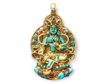 Buddhist Tibetan Silver Pendants GREEN TARA or MANJUSTREE, Gold Plated, Handmade with Turquoise Stone Setting