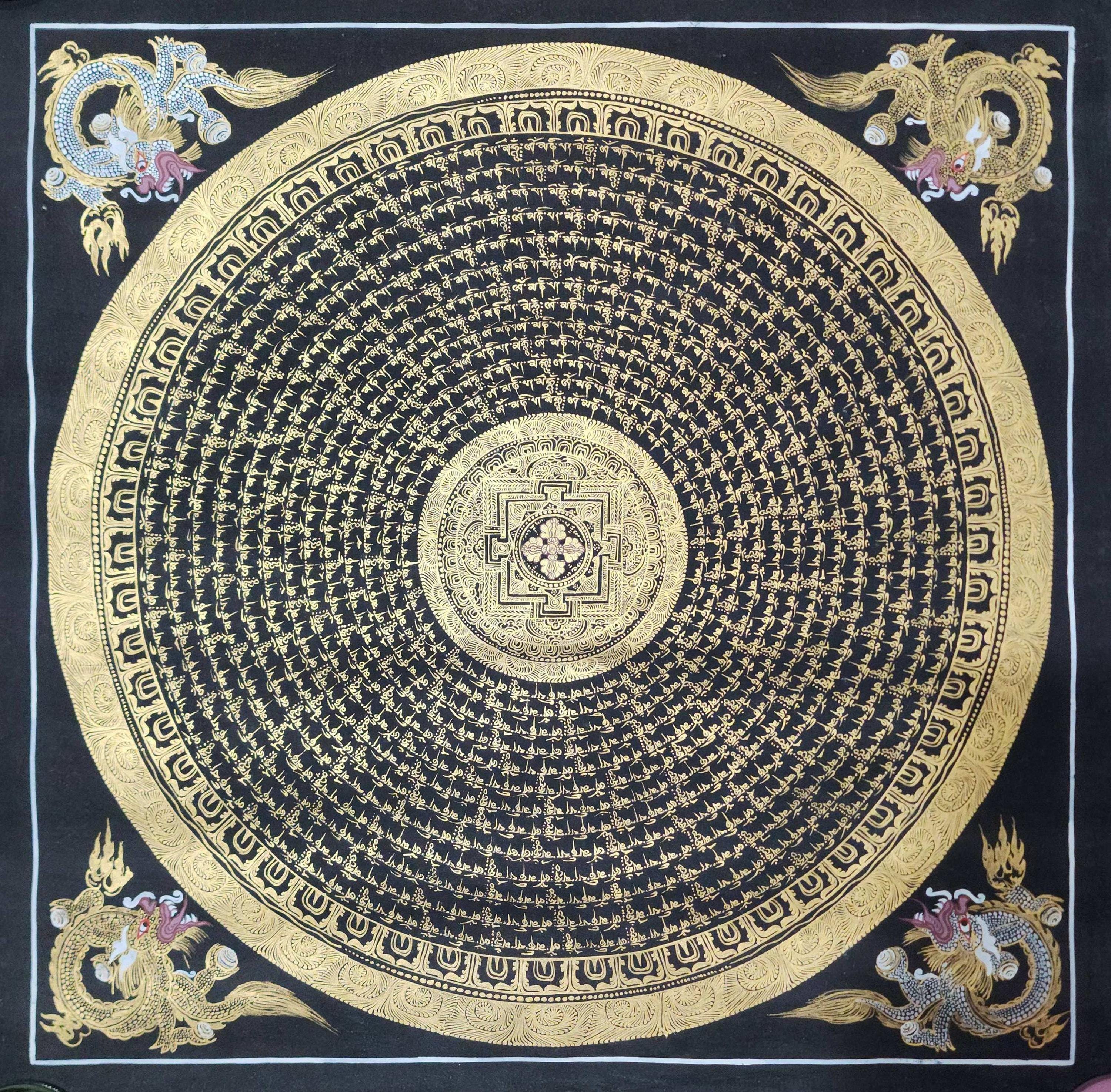 50 x 50 cm、チベットタンカ画、チベットのマントラ「オム・マニ