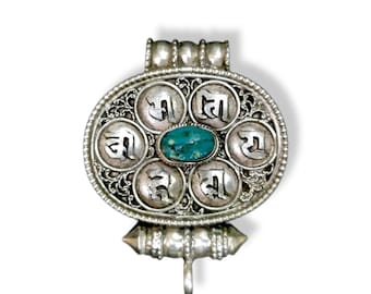 Tibetan Silver Ghau Pendant, Buddhist Prayer Box Amulet, Handcarved wit "Ohm Mani Padme Uhm" TIBETAN MANTRA & Stones, Handmade in Nepal