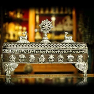 23x30 cm, High Quality Buddhist Incense Burner, Hancarved with Ashtamangala Design Carving, Silver Plating & Oxidization, Handmade in Nepal.