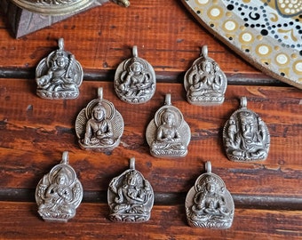 Vintage Tibetan Silver Pendants Amulets, Handcarved with Buddha, Padmasambhava, Jambhala, Ganesh, Chenrezig, Manjustree, Handmade in Nepal