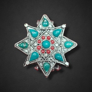 Tibetan Metal Ghau Pendant, Buddhist Prayer Box Amulet, Handcarved with Mandala Design & Turquoise/Corals Stones Setting, Handmade in Nepal