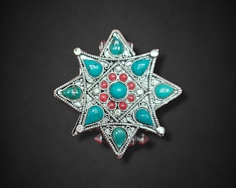 Tibetan Metal Ghau Pendant, Buddhist Prayer Box Amulet, Handcarved with Mandala Design & Turquoise/Corals Stones Setting, Handmade in Nepal