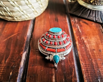 Tibetan Ghau Pendant, Buddhist Prayer Box Amulet, Hancarved On Coral, Turquoise & Lapis Stones Setting, Handmade in Nepal.