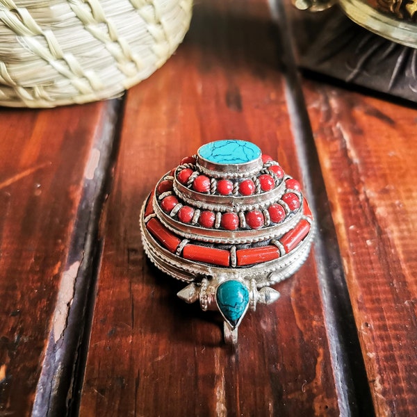 Tibetan Ghau Pendant, Buddhist Prayer Box Amulet, Hancarved On Coral, Turquoise & Lapis Stones Setting, Handmade in Nepal.