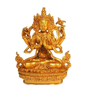 10 Cm, Small Buddhist Statue of CHENREZIG, Avalokitesvara Bodhisattva, Handmade in Nepal by Local Artisans with Full Gold Plating.
