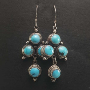 Tibetan Silver Earrings, Handcarved with Silver, Turquoises or Tiger Eye Stones Setting, Handmade in Nepal.