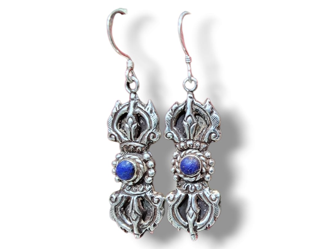 Tibetan Silver Earrings With VAJRA/DORJE Design, Handcarved With
