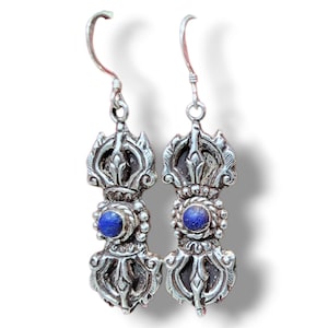 Tibetan Silver Earrings with VAJRA/DORJE Design, Handcarved with Silver 925 & Lapiz Stones Setting, Handmade in Nepal by Tibetan Community