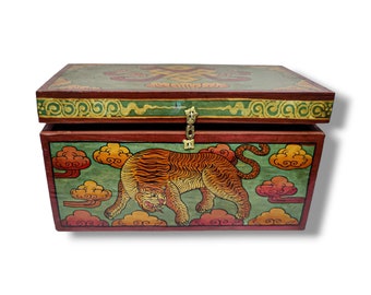 BIG SIZE - Traditional Tibetan Wooden Box/Trunk, Handpainted with Snow Tiger/Dragon & Traditional Himalayan Thangka Colors,Handmade in Nepal