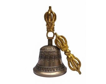 18 cm, Buddhist Pure Brass Bell and Dorjee/Vajra Set, High Quality Hancarving with Buddhist Symbols & Antique Finishing, Handmade in Nepal