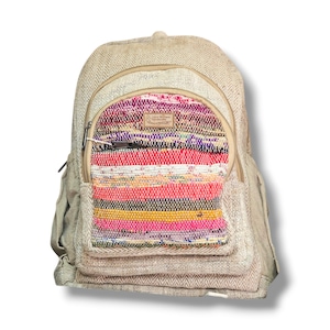 Natural Hemp Backpack, Handmade with RECYCLED Fabric from Local Women in a Fairtrade in NEPAL, Ecological and Sustenible, Multicolour.