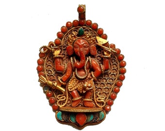 Tibetan Silver Pendant, Handcarved with Lord GANESH with Gold Plated Silver Sterling 925, Real Corals & Lapis Stones Setting, Made in Nepal.