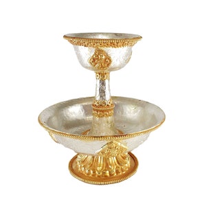 13 cm, Tibetan Serkyem Offering (The Golden Drink offering) for Buddhist Rituals, Handcarved with Gold and Silver Plating, Handmade in Nepal