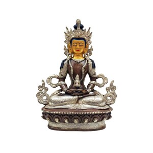 23 cm, Buddhist Statue of APARIMITA, with Sterling Silver Handplating & Chocolate Oxidization, Real Gold Handpainted Face, Handmade in Nepal