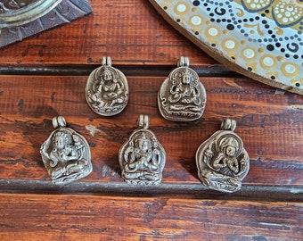 Vintage Tibetan Silver Ghau Pendants, Buddhist Prayer Box Amulets, Handcarved with Manjustree, Jambhala, Handmade in Nepal