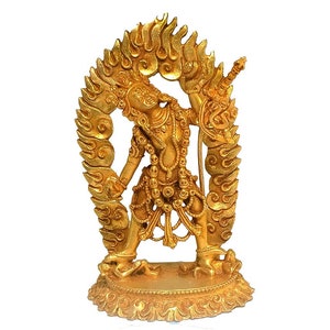 10 cm, Small Buddhist Statue of Vajrayogini, Handbeaten with Full Fire Gold Handplating, Handmade in Nepal by Tibetan Community