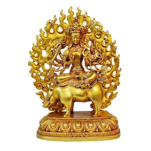 14 cm, Tibetan Miniature Statue of Buddhist Bodhisattva Marici, Handbeaten & Full Fire Gold Handplated in High Quality, Handmade in Nepal