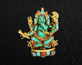 Silver Pendant with DANCING GANESH, Gold Handplated with Turquoise, Coral or Conch Shell Stone Setting, Many Colors, Handmade in Nepal