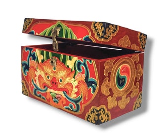 MEDIUM SIZE - Traditional Tibetan Wooden Box, Handcarved with Cheppu/Dragon Designs, Handpainted with Thangka Colors, Handmade in Nepal