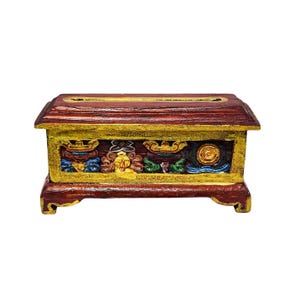 SMALL SIZE - Traditional Tibetan Wooden Incense Burner, Handcarved with Buddhist Symbols, Handpainted with Thangka Colors,Handmade in Nepal