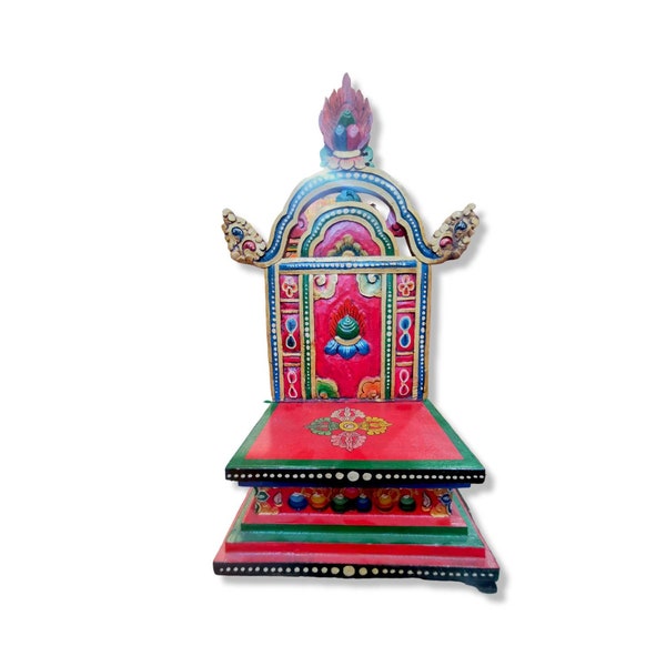 35 cm, Wooden Altar Base, Throne for Statues, Handpainted with Typical Himalayan Thangka Colors, Handmade in Nepal by Tibetan Community