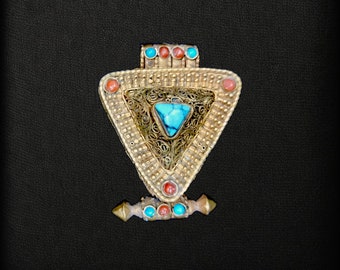 Antique Tibetan Ghau Pendant, Buddhist Prayer box Amulet with with Sikhu Design, Lapis & Turquoise Stones Setting, Handmade in Nepal