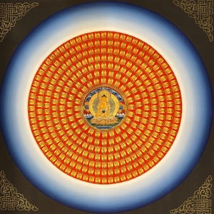 100 x 100 cm, buddhistisches Thangka-Gemälde von Shakyamuni Buddha Mandala mit 108 Buddhas, handgemalt mit Thangka-Farben in einem Kloster in Nepal
