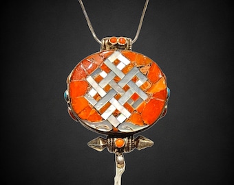 Unique Piece, Tibetan Silver Ghau Pendant, Buddhist Prayer Box Amulet, Handcarved with ENDLESS KNOT & Coral Stones Setting,Handmade in Nepal