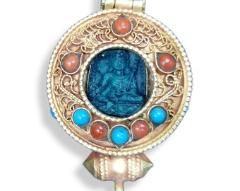Tibetan Silver Ghau Pendant, Buddhist Prayer Box Amulet with Padmasambhava, Guru Rinpoche, Siku Design & Stones Setting, Handmade in Nepal