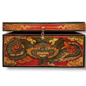 BIG SIZE - Traditional Tibetan Wooden Box/Trunk, Handpainted with Tibetan Lotus Symbols & Himalayan Thangka Colors, Handmade in Nepal