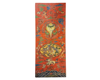 Antique Tibetan Wall Hanging Canvas Painting, Handpainted with Ashtamangala and Tibetan Buddhist Symbols & Thangka Colors, Handmade in Tibet