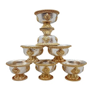 SMALL/MEDIUM/LARGE - Tibetan Offering Bowls Set with Stand for Buddhist Rituals, Gold & Silver Handcarved, 7 Pieces Set, Handmade in Nepal