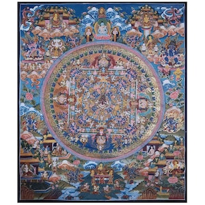 44 x 36 cm, antikes tibetisches Thangka-Gemälde mit Mandala-Design, handbemalt mit Thangka-Farben und echtem 24-Karat-Gold von buddhistischen Mönchen in Nepal