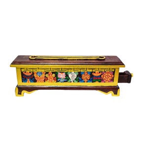 BIG SIZE - Traditional Tibetan Wooden Incense Burner, Handcarved with Buddhist Symbols, Handpainted with Thangka Colors, Handmade in Nepal