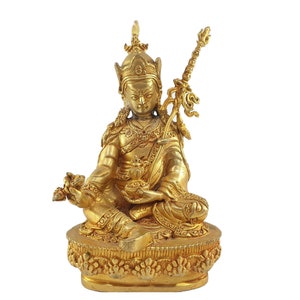 14 cm, Tibetan Buddhist Statue of Padmasambhava, Guru Rinpoche, Handcarved and Full Gold Handplated,Handmade in Nepal by Tibetan Community