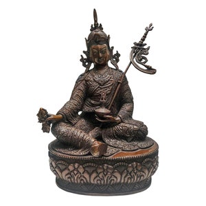 38 cm, Buddhist Statue of Padmasambhava, Guru Rinpoche, Handcarved with Chocolate Oxidization, Handmade in Nepal by Tibetan Community