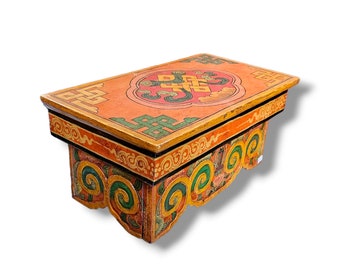Traditional Tibetan Wooden Foldable Meditation Table/ Altar, Handpainted with Thangka Colors, Foldable for Travelling, Handmade in Nepal