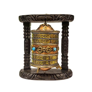 MEDIUM SIZE - Wall Prayer Wheel with Mantra Inside, Handcarved with Tibetan Mantra &quot;Ohm Mani Padme Uhm&quot; & Stones Setting, Handmade in Nepal