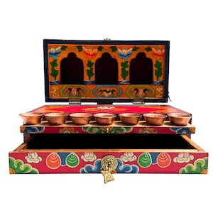 Tibetan Wooden TRAVELING ALTAR BOX, Foldable Altar, 7 Offering Bowls & Incense Holder, Handpainted with Traditional Thangka Colors in Nepal