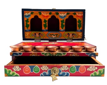 Tibetan Wooden TRAVELING ALTAR BOX, Foldable Altar, 7 Offering Bowls & Incense Holder, Handpainted with Traditional Thangka Colors in Nepal