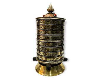 Table Prayer Wheel Big Size with Mantra Inside, Handmade Oxidized and Decorated with Embossed Tibetan Mantra "Ohm Mani Padme Uhm" Outside