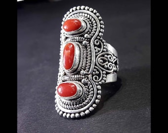 Silver Tibetan Ring, Fine Handcarved with Sterling Silver 925 & Corals Stone Setting, Adjustable Size, Handmade in Nepal.