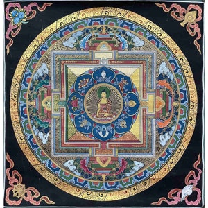 38 x 38 cm, Buddhist Thangka Painting, Mandala with Shakyamuni Buddha, Handpainted with Traditional Thangka Colors by Tibetan Monks in Nepal