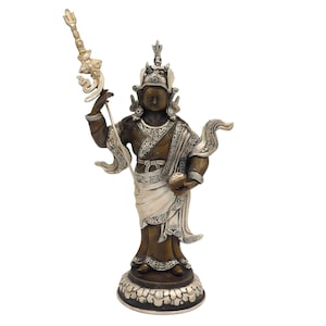 30 cm, Buddhist Statue of Standing Padmasambhava, Chocolate Oxidation with Silver Plating, Handmade in Nepal.