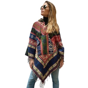 Handloomed Himalayan Yak Woolen and Cotton Mix Poncho, very Warm and Durable, with Fleece On Hoodie, Multicolour, Handmade in Nepal.