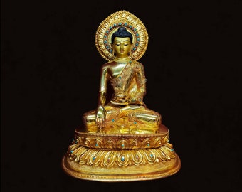 30 cm, Buddhist Statue of Shakyamuni Buddha, Handcarved with Full Gold Plating & Stone Setting, Handpainted Face with Gold,Handmade in Nepal